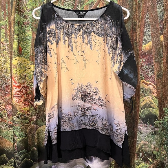 Citron Santa Monica Silk Blouse flower Asian inspired print fabric tunic - Picture 2 of 10